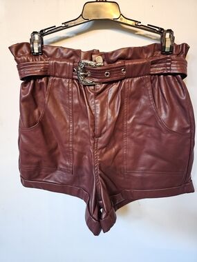 Iris Faux Leather Paperbag Waist Shorts w/ Belt Burgundy Wine Size M